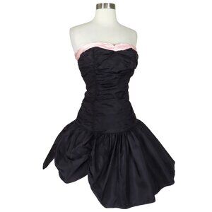 Vintage 80s Pink Strapless Black Taffeta Full Skirt Short Prom Party Dress S